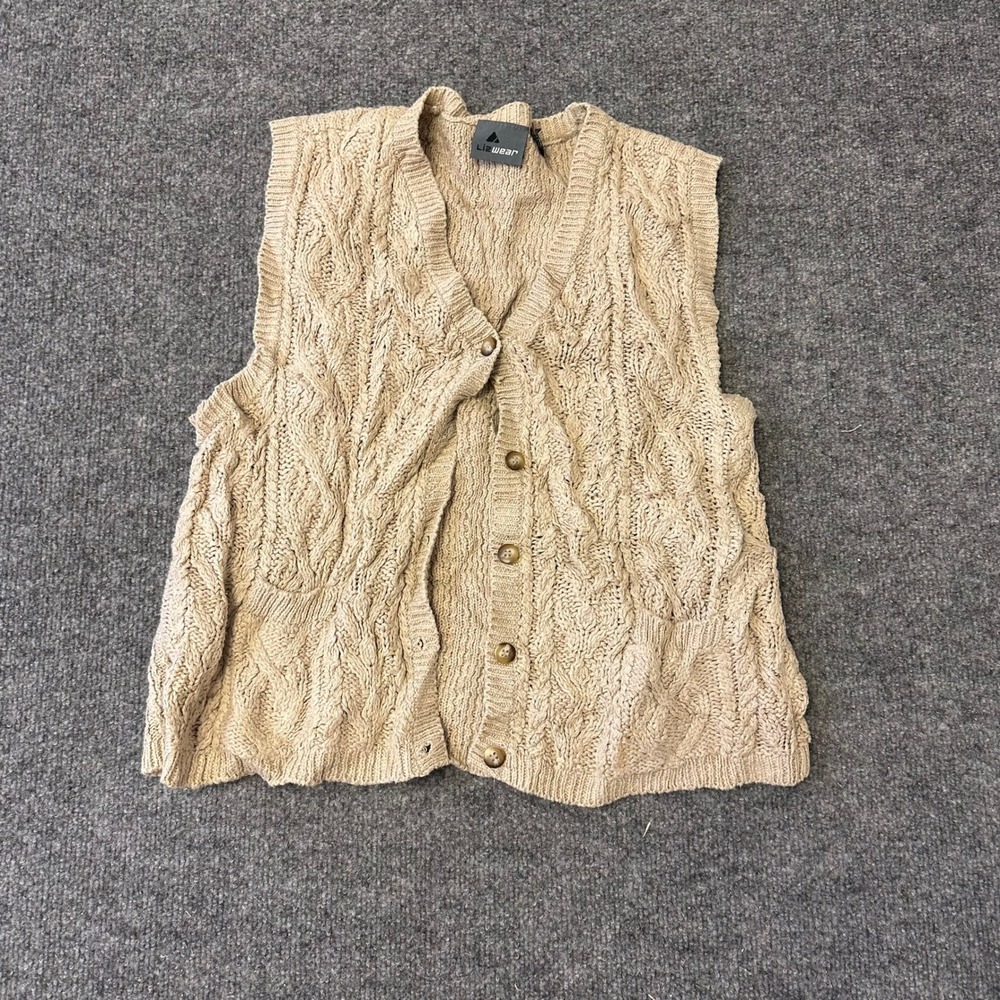Lizwear Cardigan Vest Womens Size L Beige Linen Cotton Cable Knit Button Front